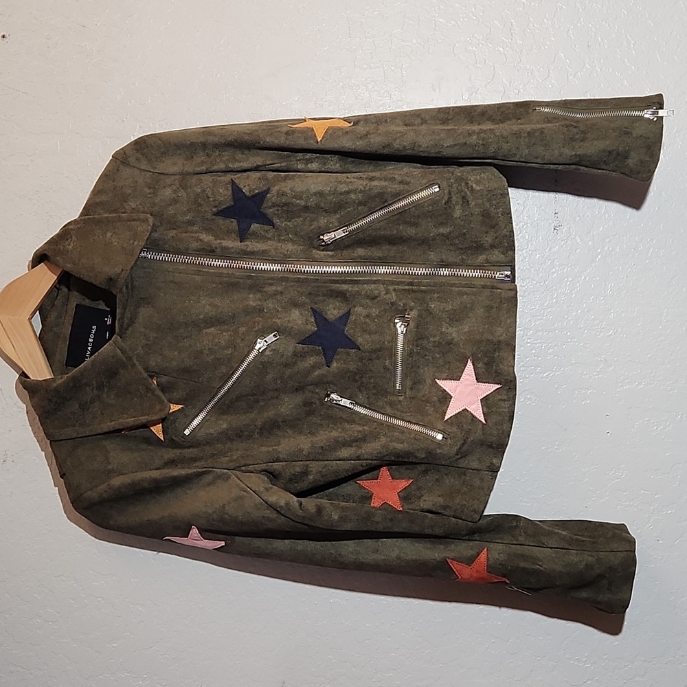 OLIVACEOUS Small Moto Fuax Suede Star Zipper Pockets Detail Jacket - Picture 3 of 8